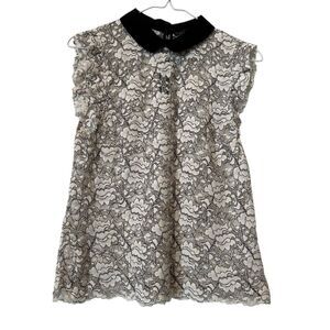 ZARA Floral Sheer Peter Pan Collar Keyhole Back Lace Top White Black Medium